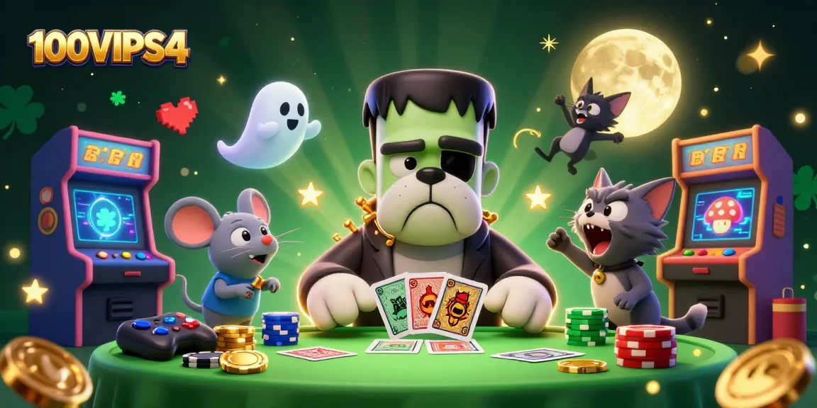 Engage with 100VIPS4 at a vibrant casino scene featuring a mutant dog dealing cards surrounded by gaming elements.