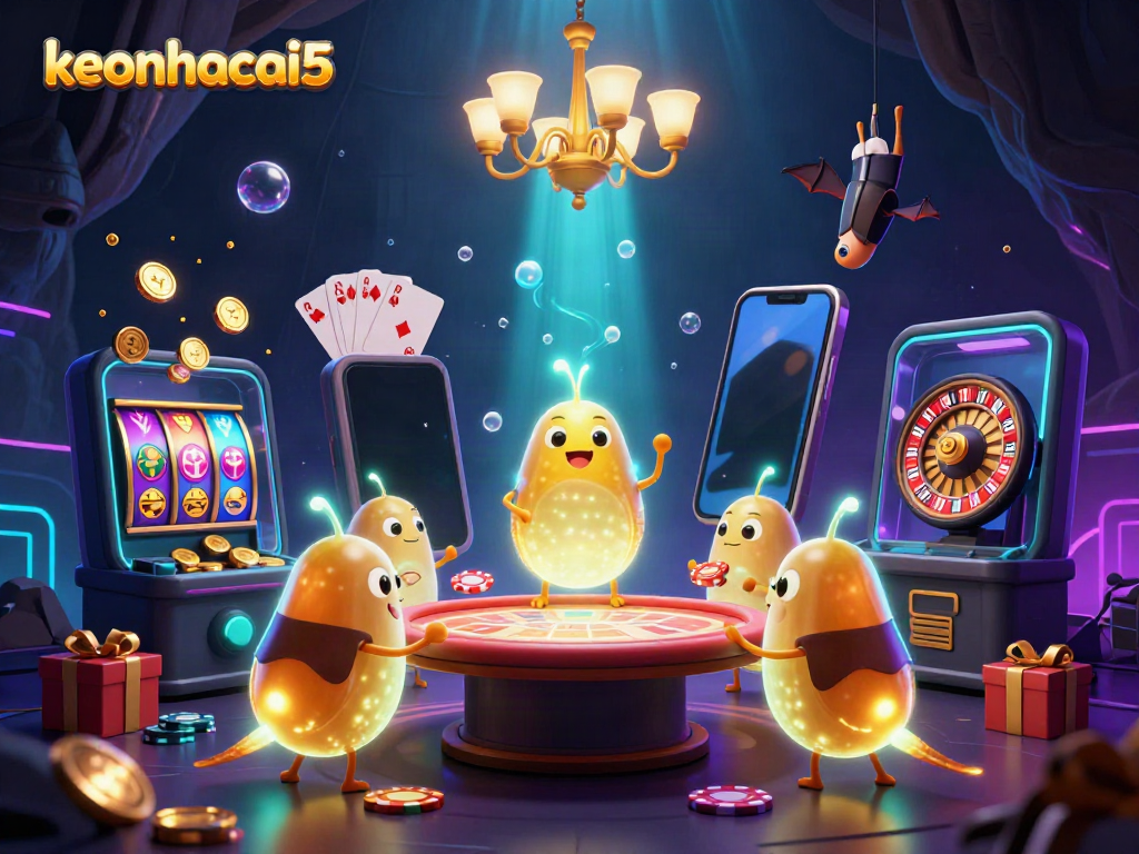 Engage in exciting gameplay at keonhacai5 with a glowing casino atmosphere illuminated by lively glowworms and bat dealer.