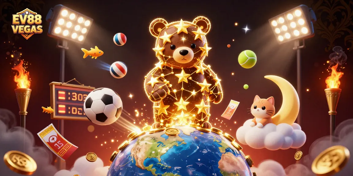 Capture the excitement of EV88 VEGAS with a cosmic scene of a constellation bear scooping coins amid vibrant sports elements.