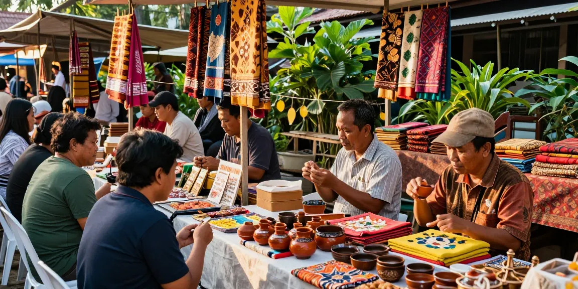 Vibrant scene of local market promoting rokok 88 UMKM products, showcasing unique Indonesian crafts and culture.