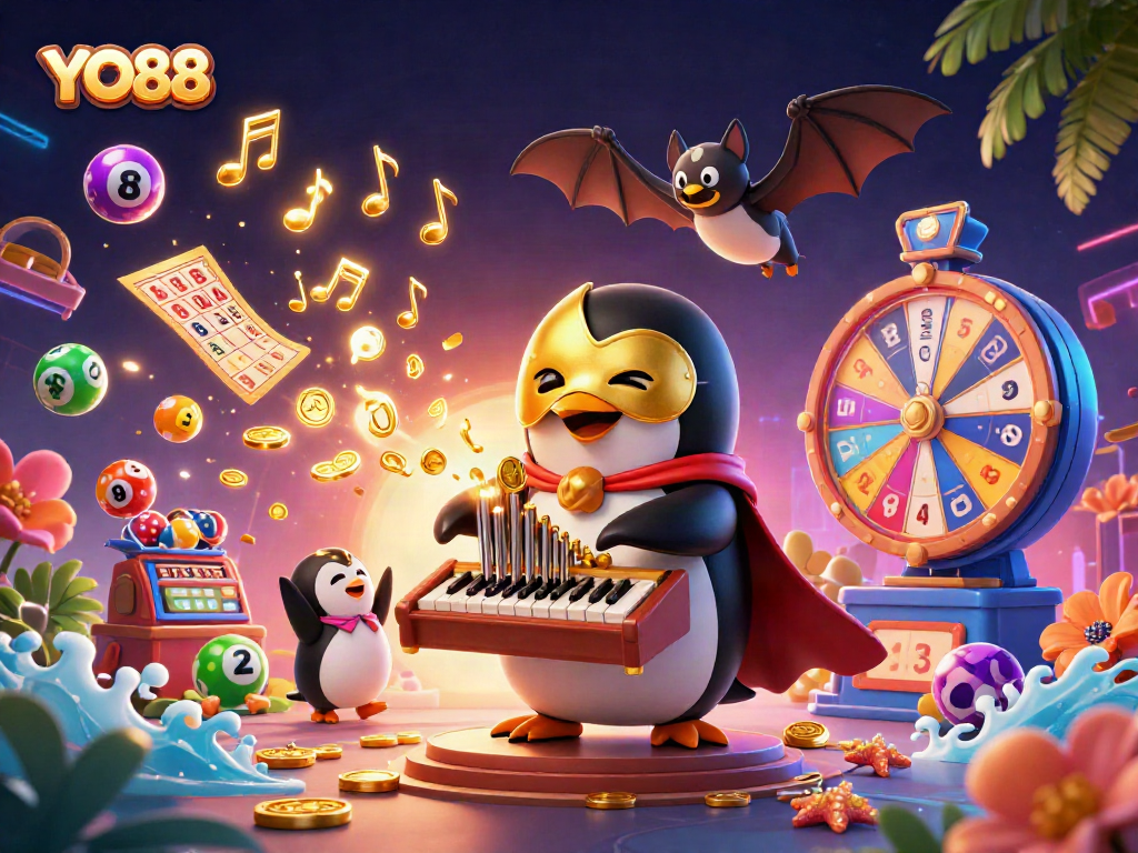 Experience the thrill of YO88 as the penguin plays enchanting music, surrounded by vibrant lottery elements.
