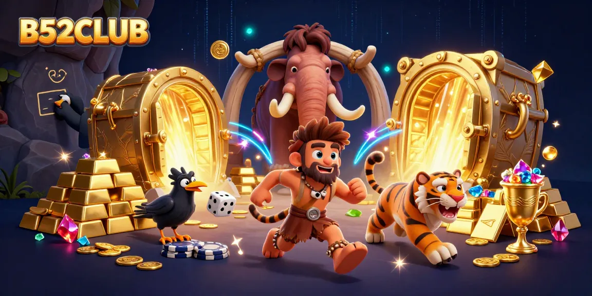 B52CLUB brings excitement through a vibrant 3D casino scene with unique prehistoric characters and dynamic gaming elements.