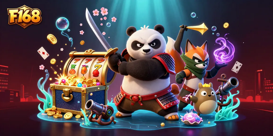 Experience thrilling gameplay with F168's vibrant casino elements featuring samurai panda and ninja fox.