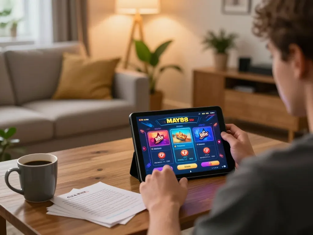 Engaged player enjoying MAY88n online gaming on a tablet, cozy home environment.
