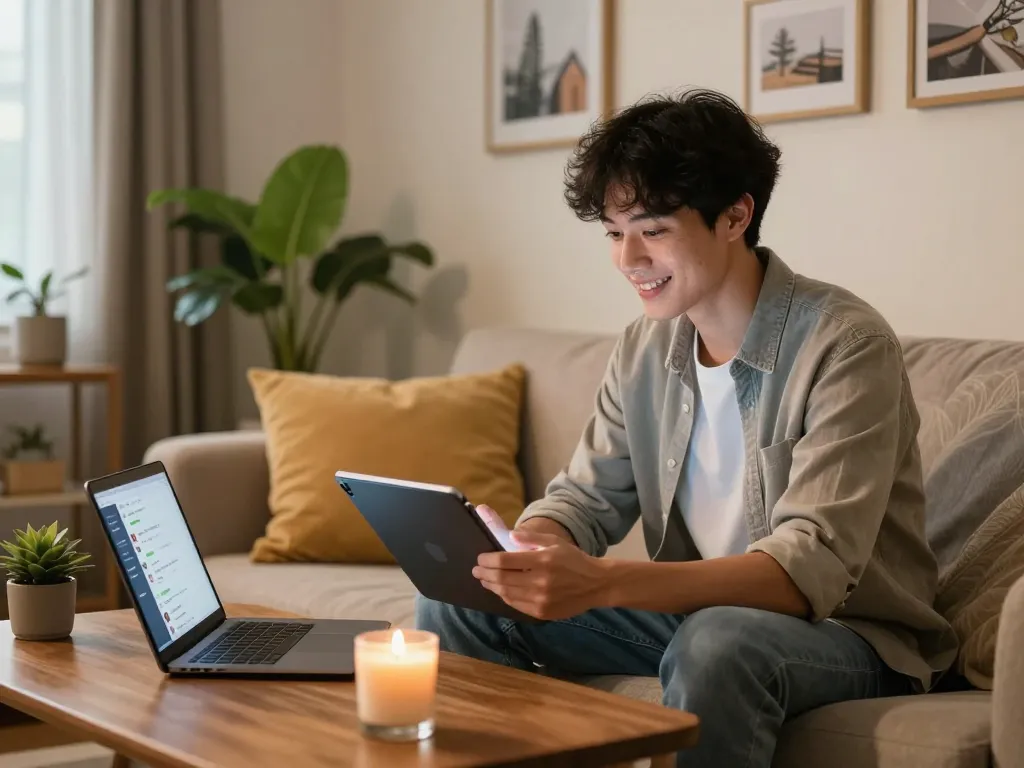 Engaging moment with girlfriend ai in a cozy living room, showcasing virtual interaction on a tablet with an inviting atmosphere.