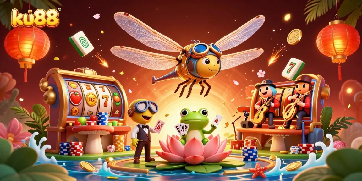 ku88 players enjoying a vibrant 3D casino scene with slot machines and lively entertainers