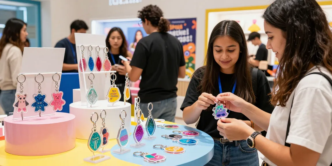 Explore custom keychains in a vibrant shopping scene with diverse options and engaged customers.