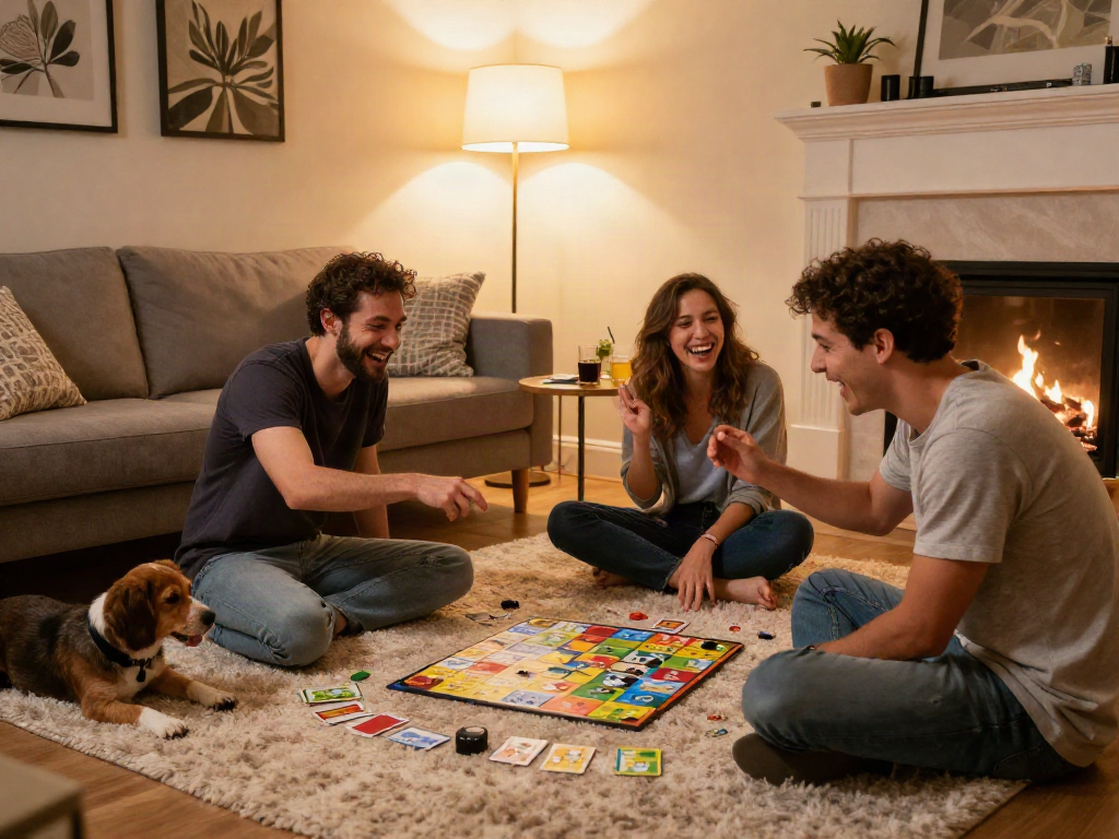 Engaging scene of couples playing a sex game in a cozy living room, showcasing fun and connection.