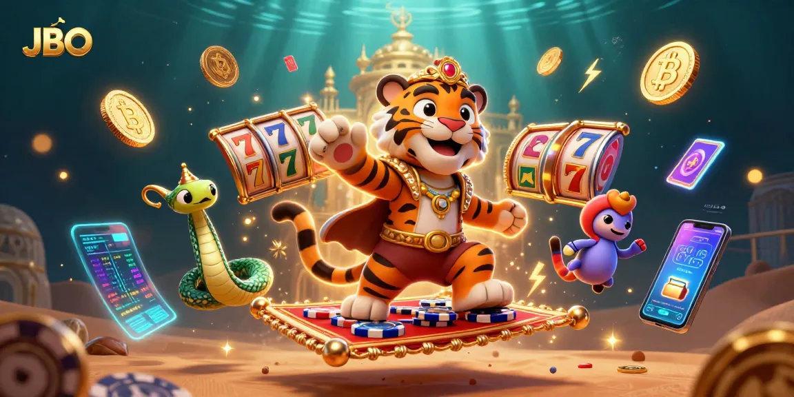 Experience JBO's vibrant casino adventure with a tiger sultan and magical elements.