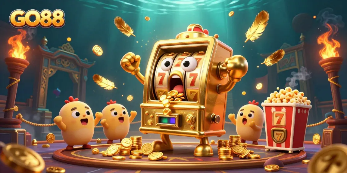 GO88 shines as the central slot machine celebrates a huge jackpot amidst cheering baby machines in a vibrant casino scene.