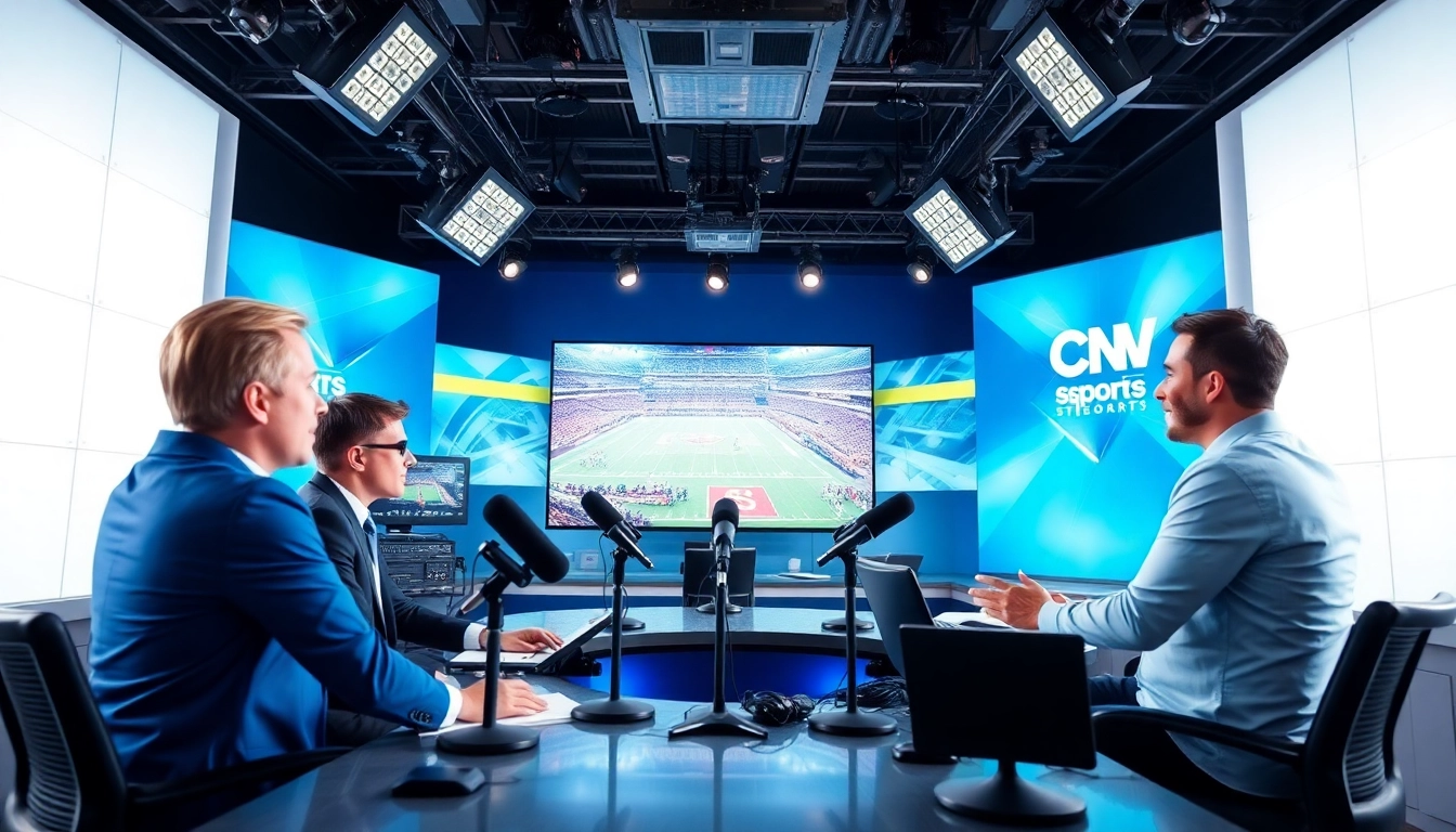 Engaging scene of sports broadcasting with presenters and tech showcasing live coverage.