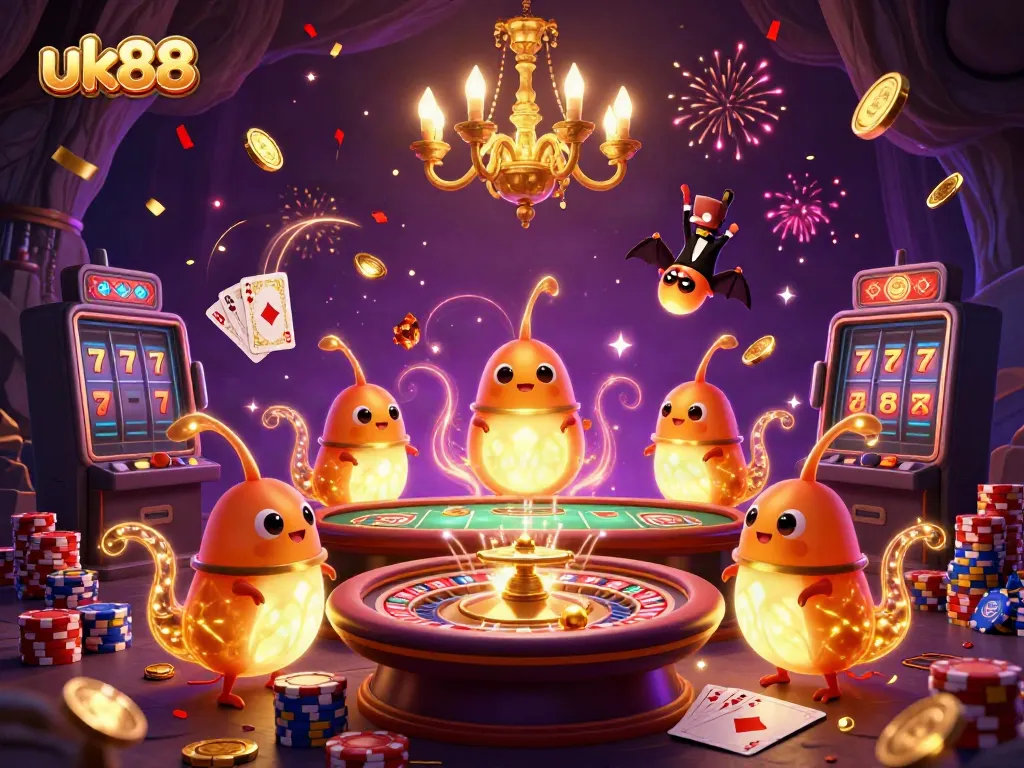Experience the excitement at uk88 with bioluminescent glowworms lighting up a cave casino, showcasing gameplay elements and vibrant energy.