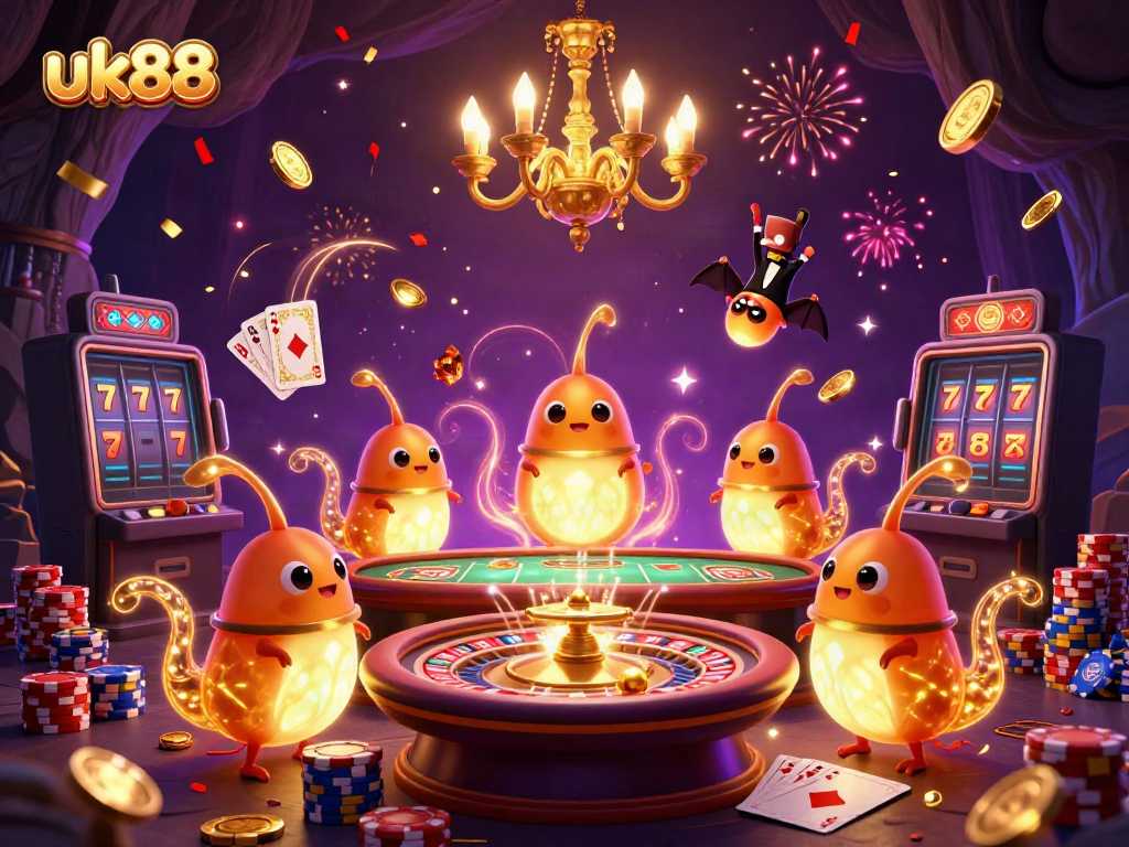 Experience the excitement at uk88 with bioluminescent glowworms lighting up a cave casino, showcasing gameplay elements and vibrant energy.