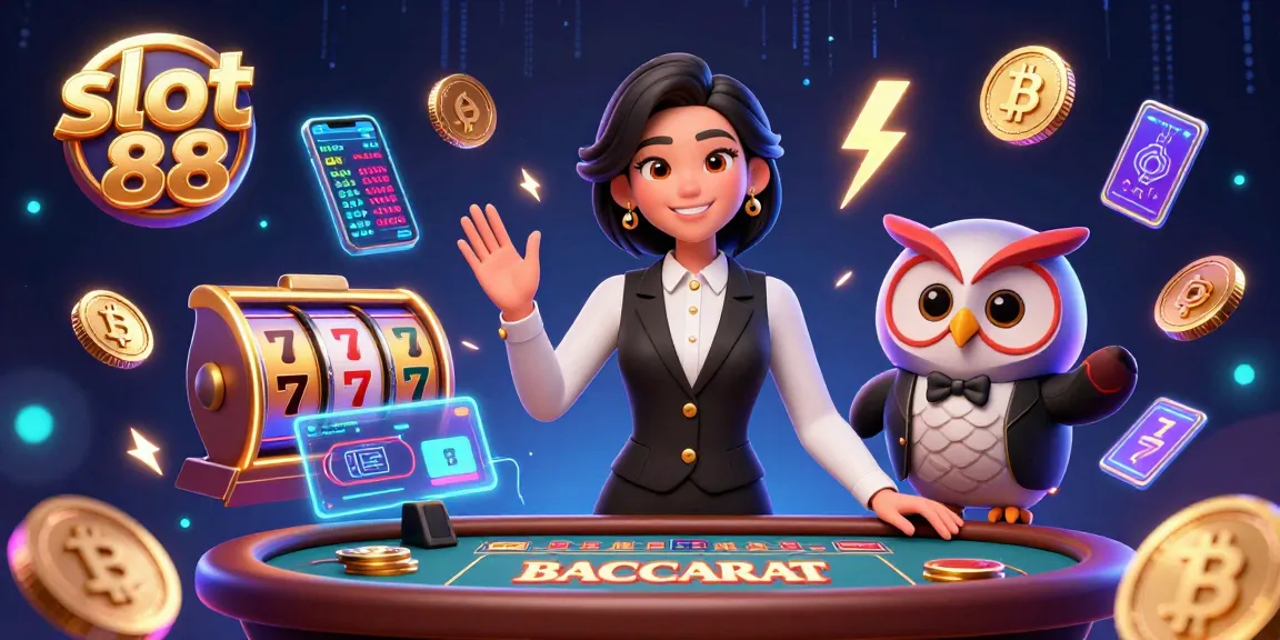 Experience the thrill of slot 88 with a vibrant casino scene featuring dealers and slot elements.
