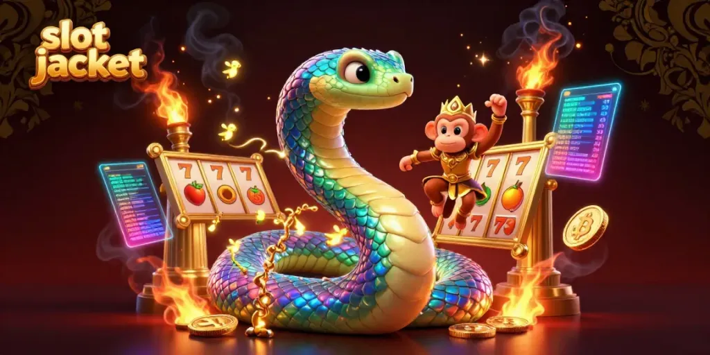 Engage with the vibrant slot jackpot scene featuring a rainbow serpent and a playful monkey king.