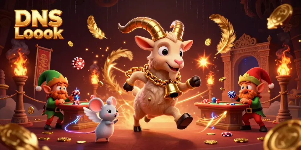 Engage with our DNS Lookup tool in a vibrant casino scene featuring Krampus, an angel mouse, and elf gremlins.