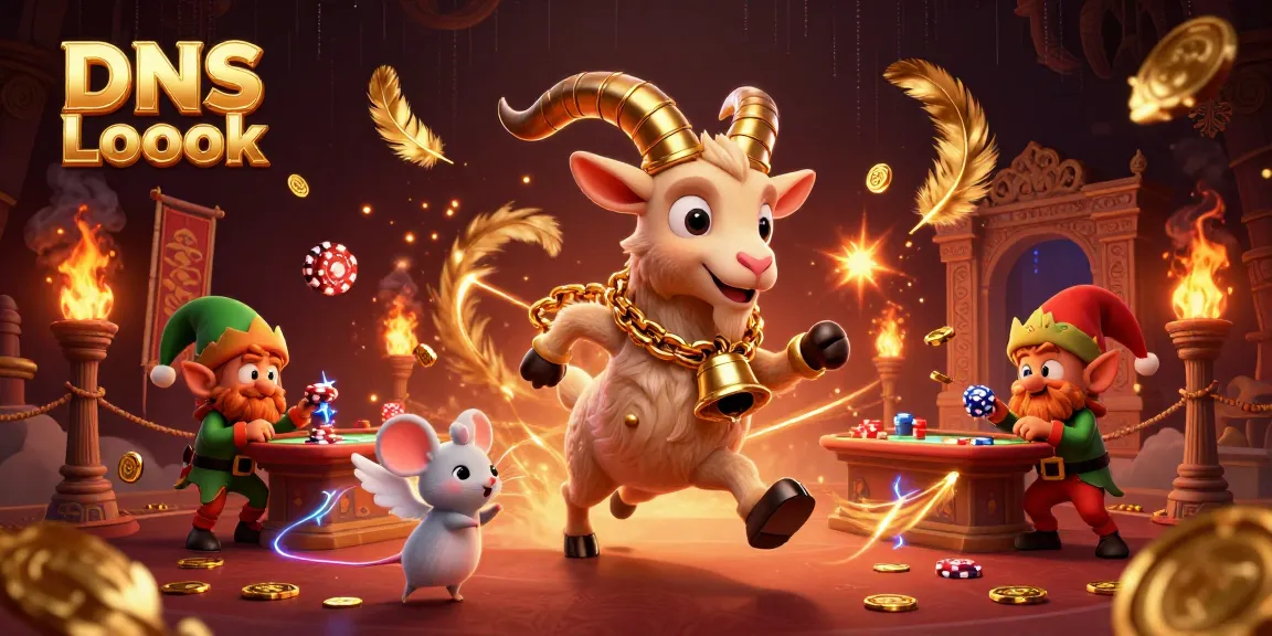 Engage with our DNS Lookup tool in a vibrant casino scene featuring Krampus, an angel mouse, and elf gremlins.