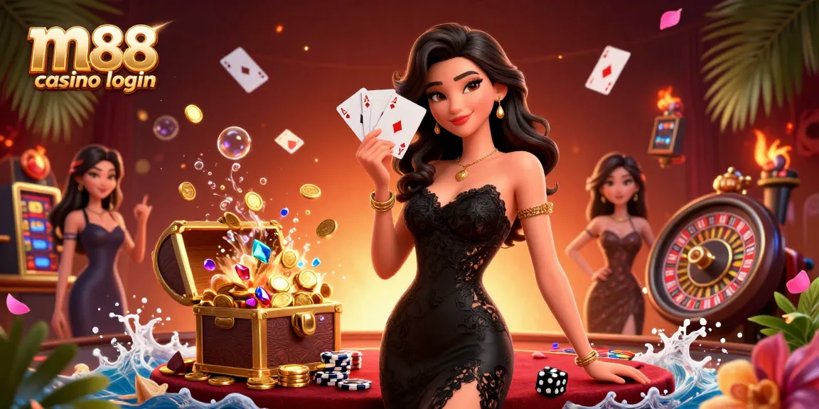 Engage with m88 casino login in a vibrant casino scene featuring an elegant woman and gaming elements.