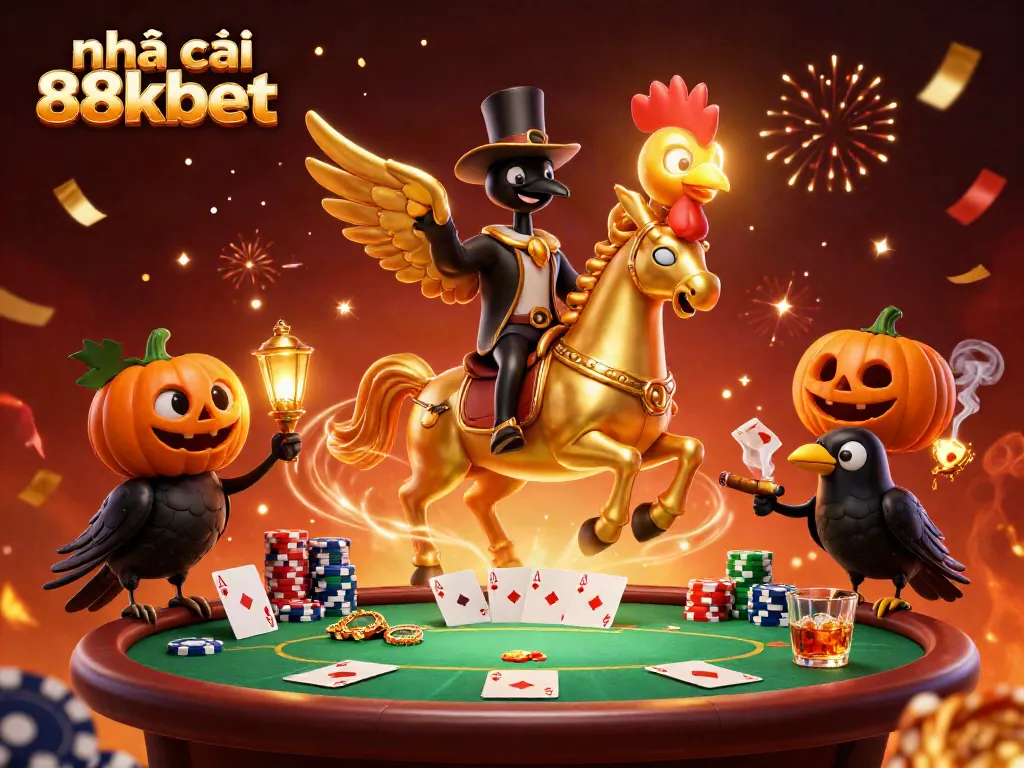 Experience the thrill of nhà cái 88kbet with a captivating casino scene featuring vibrant poker elements and whimsical characters.