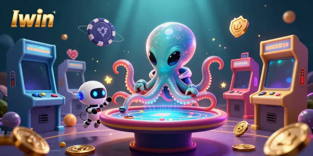 Win big at Iwin with an alien octopus dealing poker in a vibrant casino setting.