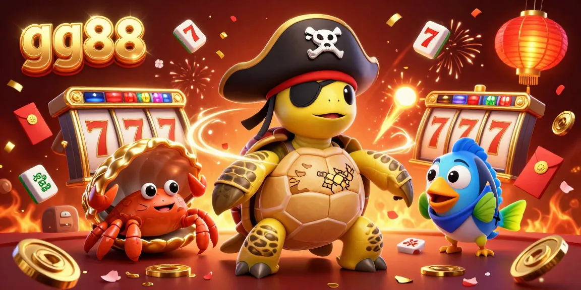 Engage with gg88 slots adventure featuring a pirate turtle, crab, and parrotfish amidst dynamic casino imagery.