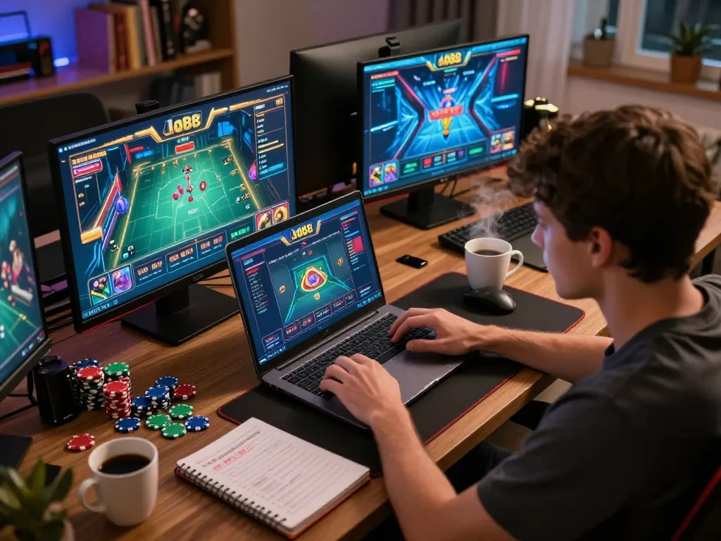 Engaged player using alo88 platform for online gaming at home, showcasing strategy notes and vibrant game screen.