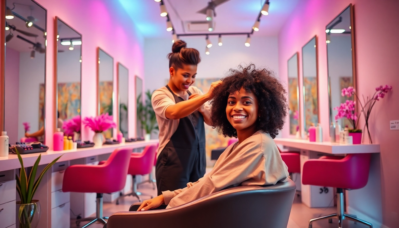 Salon de coiffure interior with professional stylist, vibrant colors, and a welcoming atmosphere.