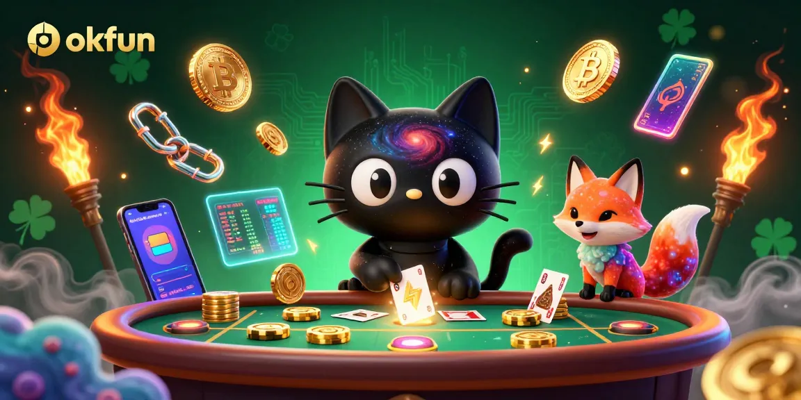 Engage with okfun at this vibrant cosmic casino illustration featuring unique characters and crypto elements.