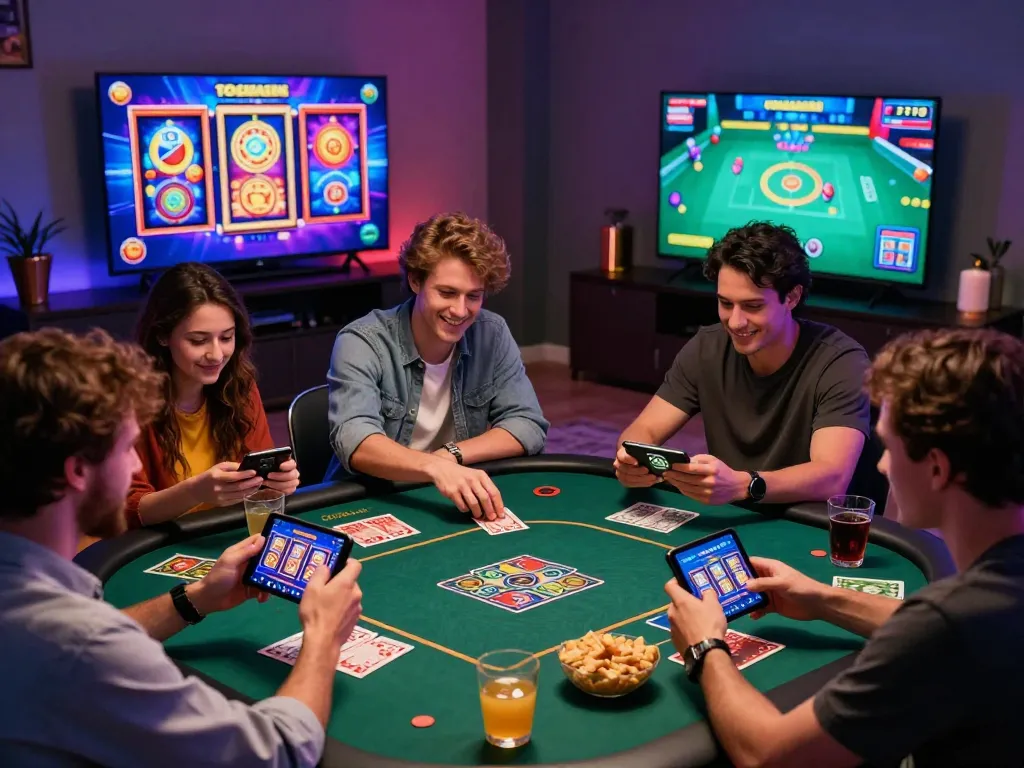 Exciting group of friends playing 789 club games on mobile devices in a cozy living room.