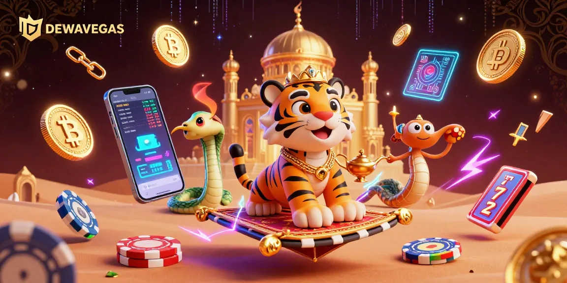 Experience DEWAVEGAS excitement with vibrant casino elements in an Arabian Nights-themed scene.