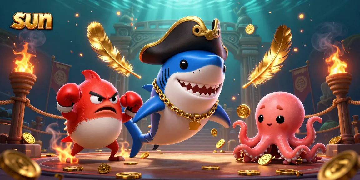 Bettors spin the odds with the sun-themed pirate shark in an exciting underwater casino scene.
