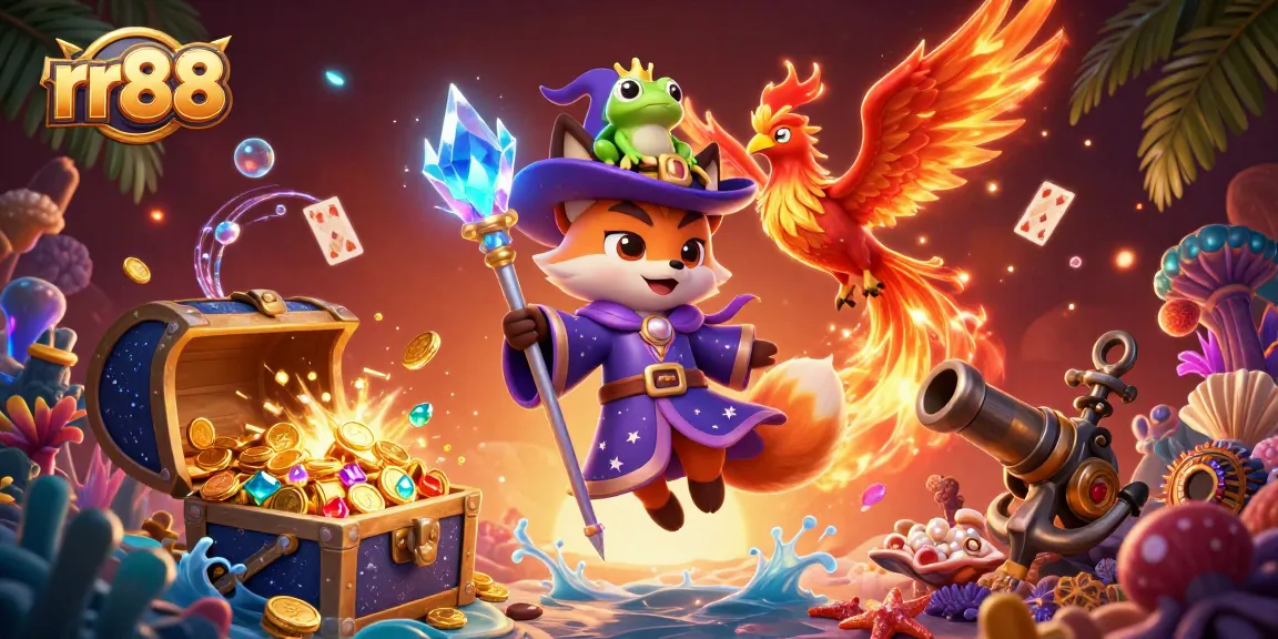 Win big at rr88 with an enchanting illustration of a wizard fox and a fiery phoenix amidst vibrant casino elements.