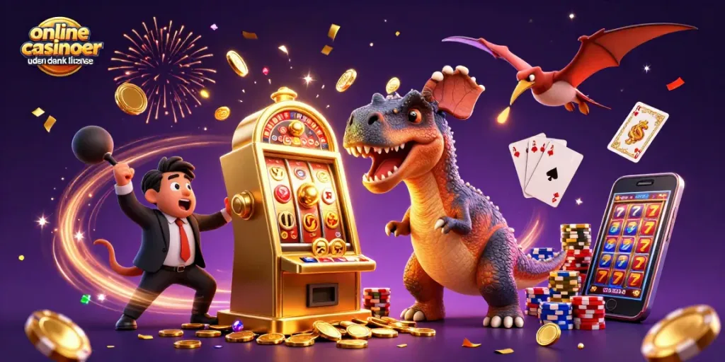Engaging scene depicting online casinoer uden dansk licens with vibrant characters celebrating jackpot wins.