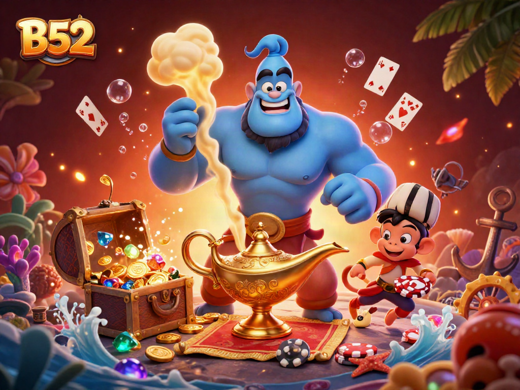 Experience exciting B52 casino action with a vibrant scene featuring a genie, monkey, and poker chips.