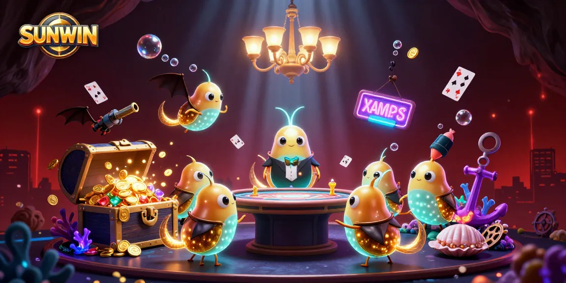 SUNWIN illuminates a vibrant cave casino with glowing characters, coins, and cards