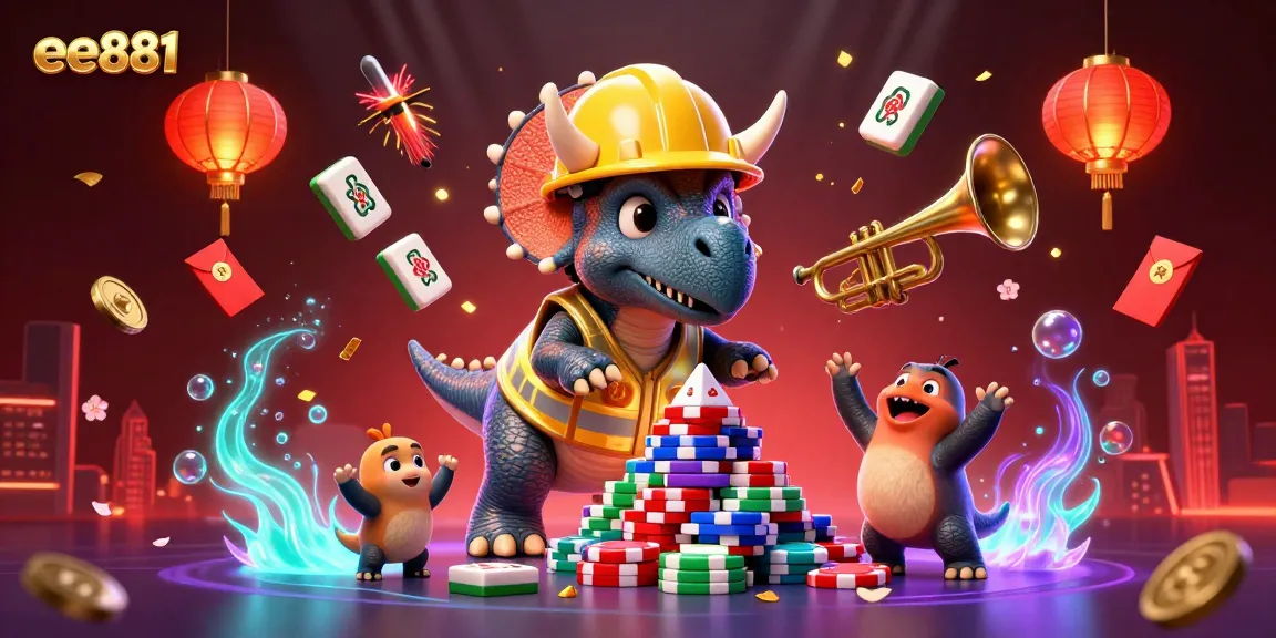 Build your bankroll with ee881 in this vibrant casino scene featuring cartoon dinosaurs celebrating wins with poker chips and glowing decorations.