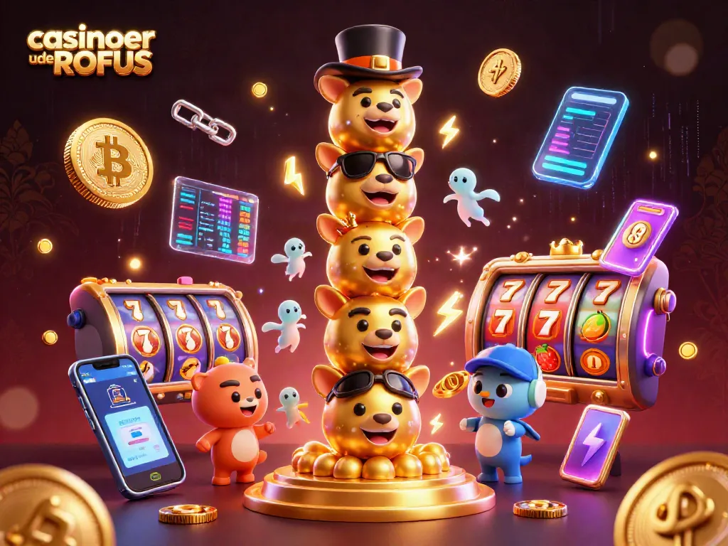 Engage with casinoer uden ROFUS in a vibrant 3D scene, featuring a golden totem pole and crypto elements.