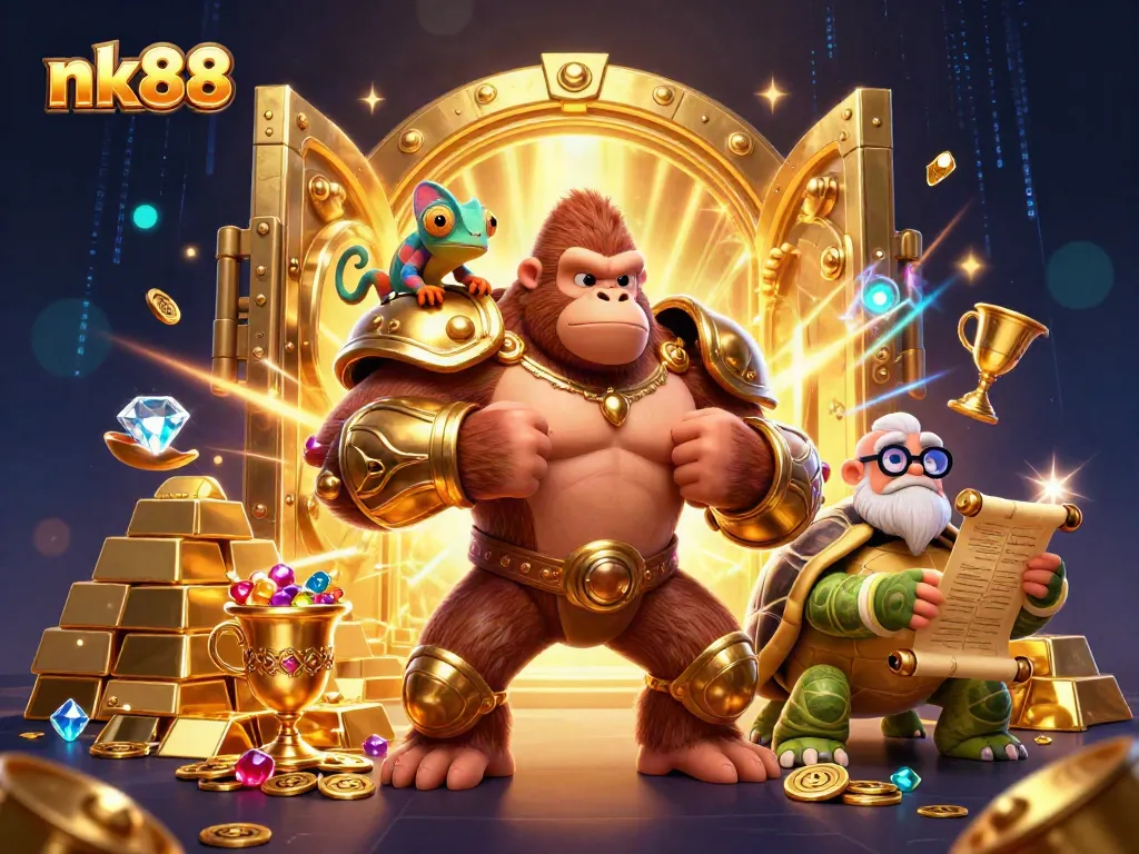Engage with nk88's thrilling casino experiences through a vibrant scene of animated characters and treasure.