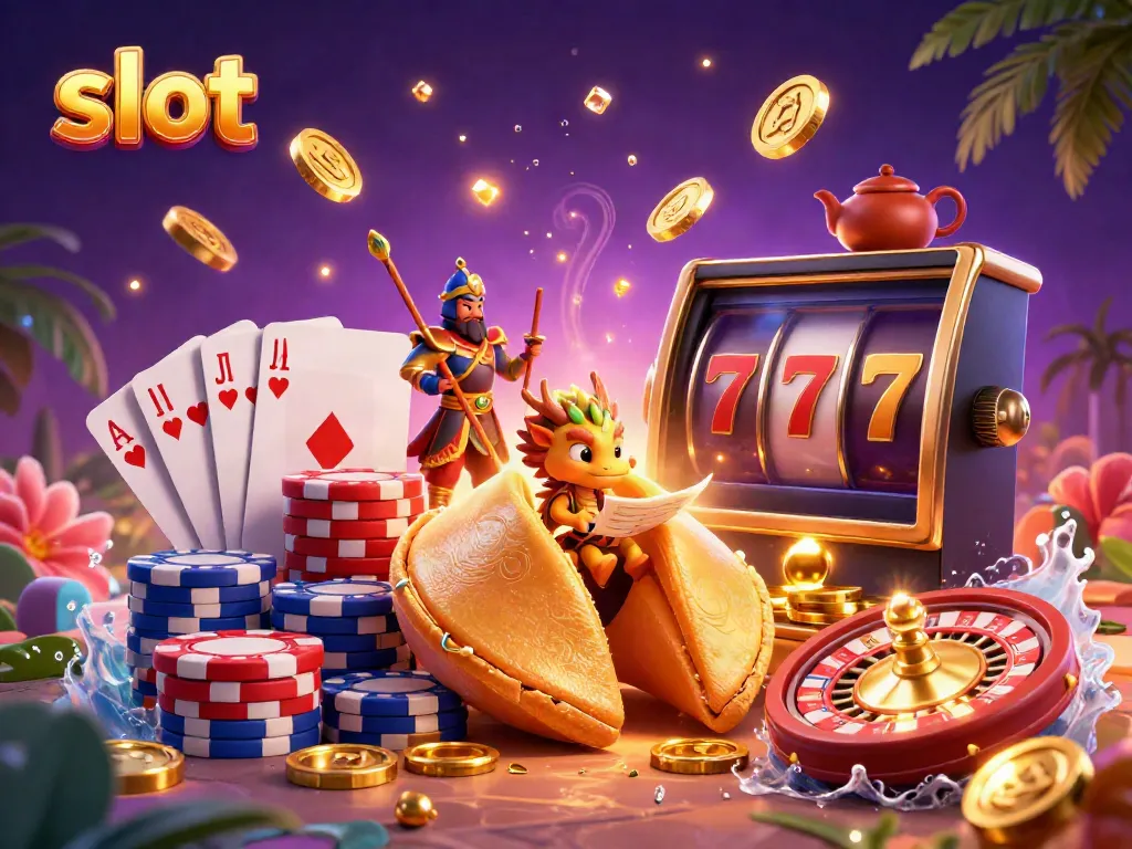 Engaging slot scene with golden fortune cookie, flying coins, lively poker chips, and a wise dragon.