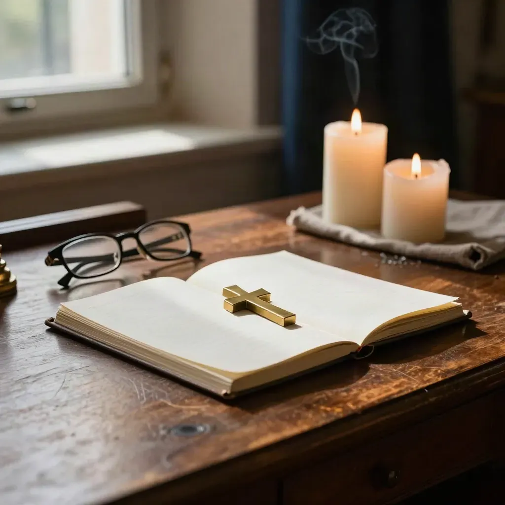 Pastor’s desk with candles, brass cross paperweight, glasses, and window light.