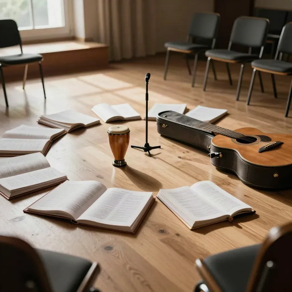 Hymn folders, shaker, guitar case, and mic waiting in a church hall