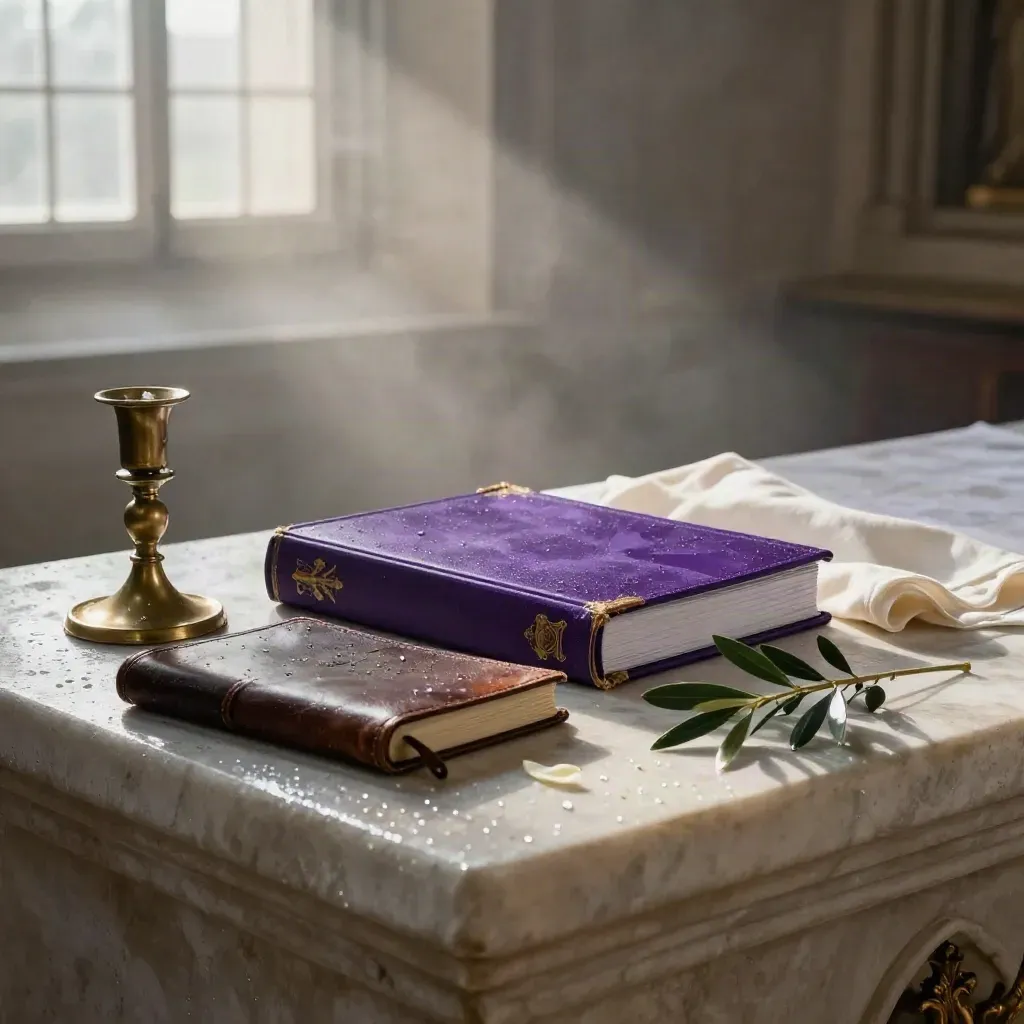 Purple worship binder, prayer journal, candleholder and olive branch on a rain-damp stone altar at dawn