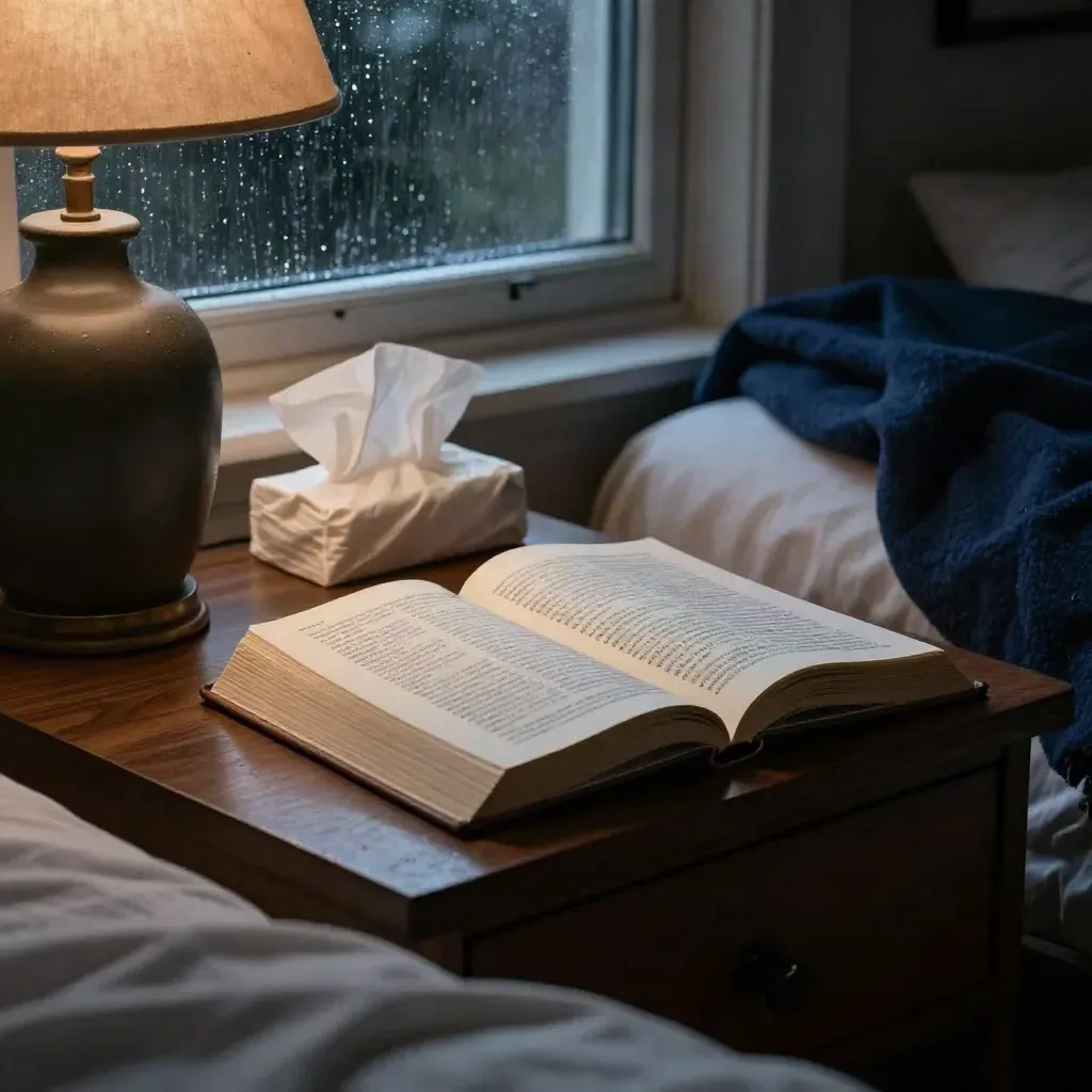 Open devotional book, lamp, tissues and rain-streaked window in a moody bedside nook