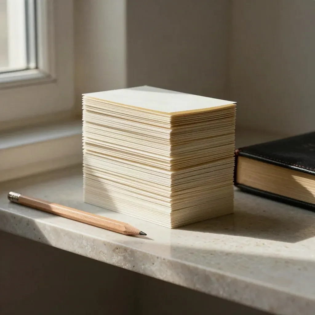 Closed Bible, scripture note cards, pencil and travertine tray on a plaster shelf.