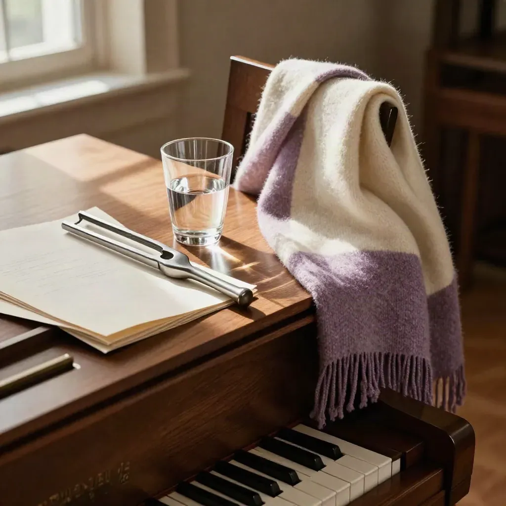Piano corner with tuning fork, score folder, water glass and scarf in warm window light