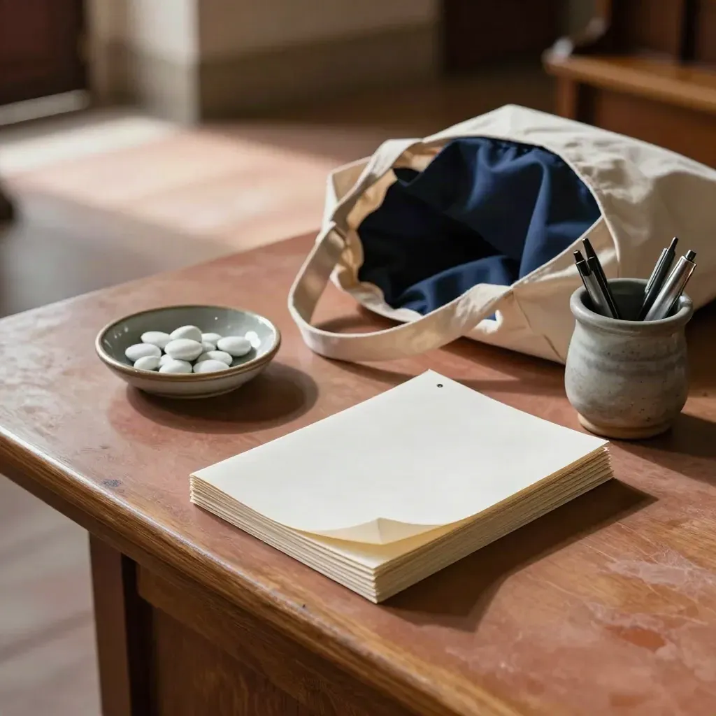 Church welcome table with bulletins, mints, tote, and pen cup in soft daylight.