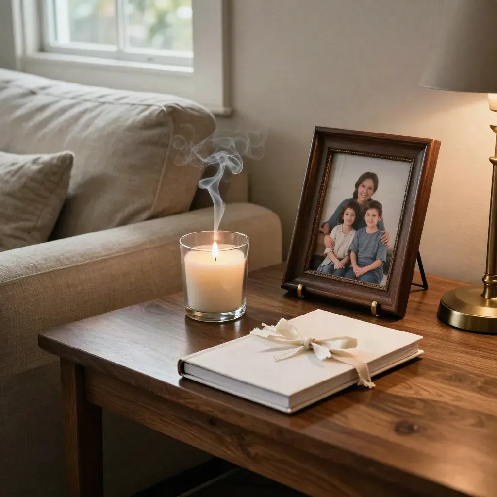 Side table with face-in family photos, smoke from a candle, and a ribbon-tied testimony notebook