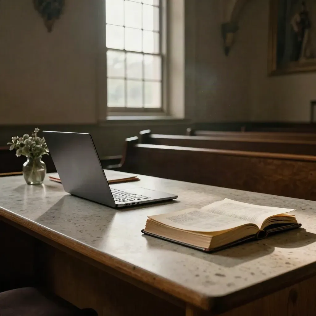 Sanctuary planning table with Bible, folders, laptop, and greenery at dusk