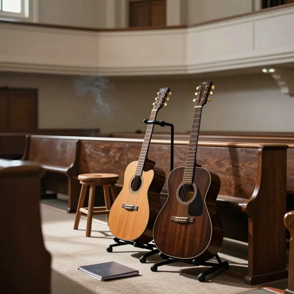 Two acoustic guitars, stool, and closed binder beside pews in a quiet sanctuary