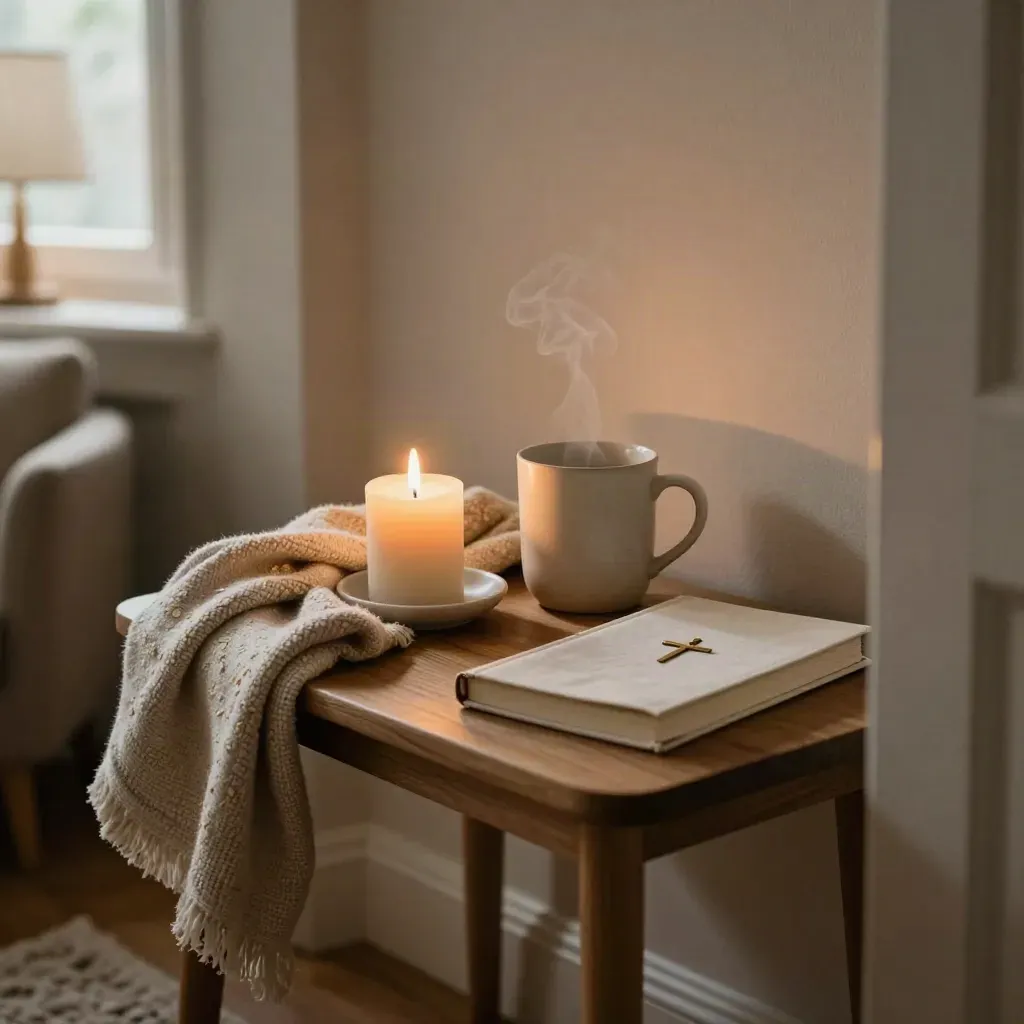 Home prayer corner with candle, mug, blanket, and closed journal in warm evening light.